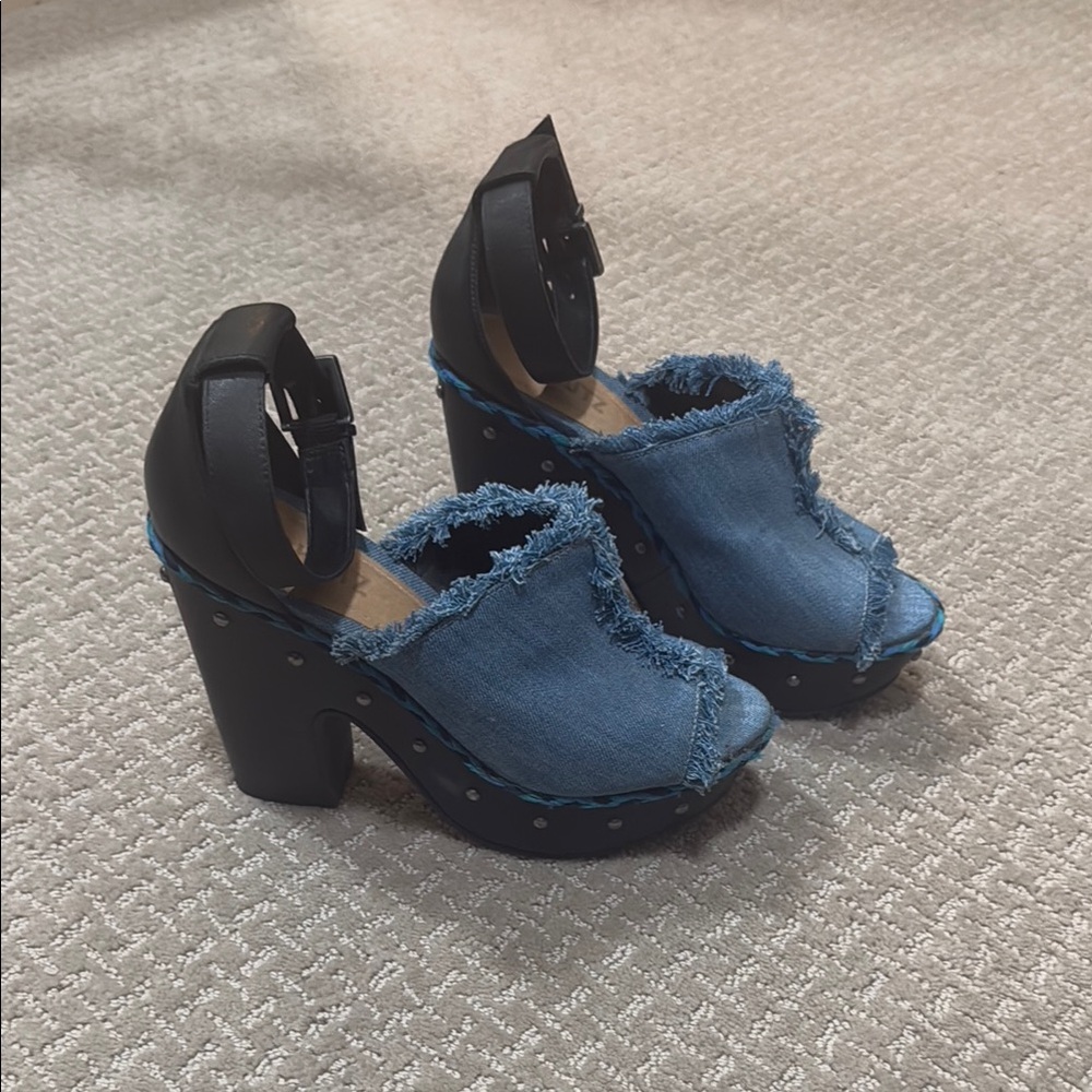 Schutz Stylish Denim and Black Platform Heels